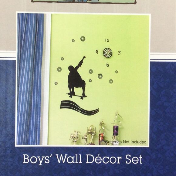 Cobble Creek Boys’ Wall Decor Skateboarder Clock Peal & Stick Sports Black - Picture 7 of 8